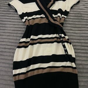 Striped Black and Brown Wrap Dress